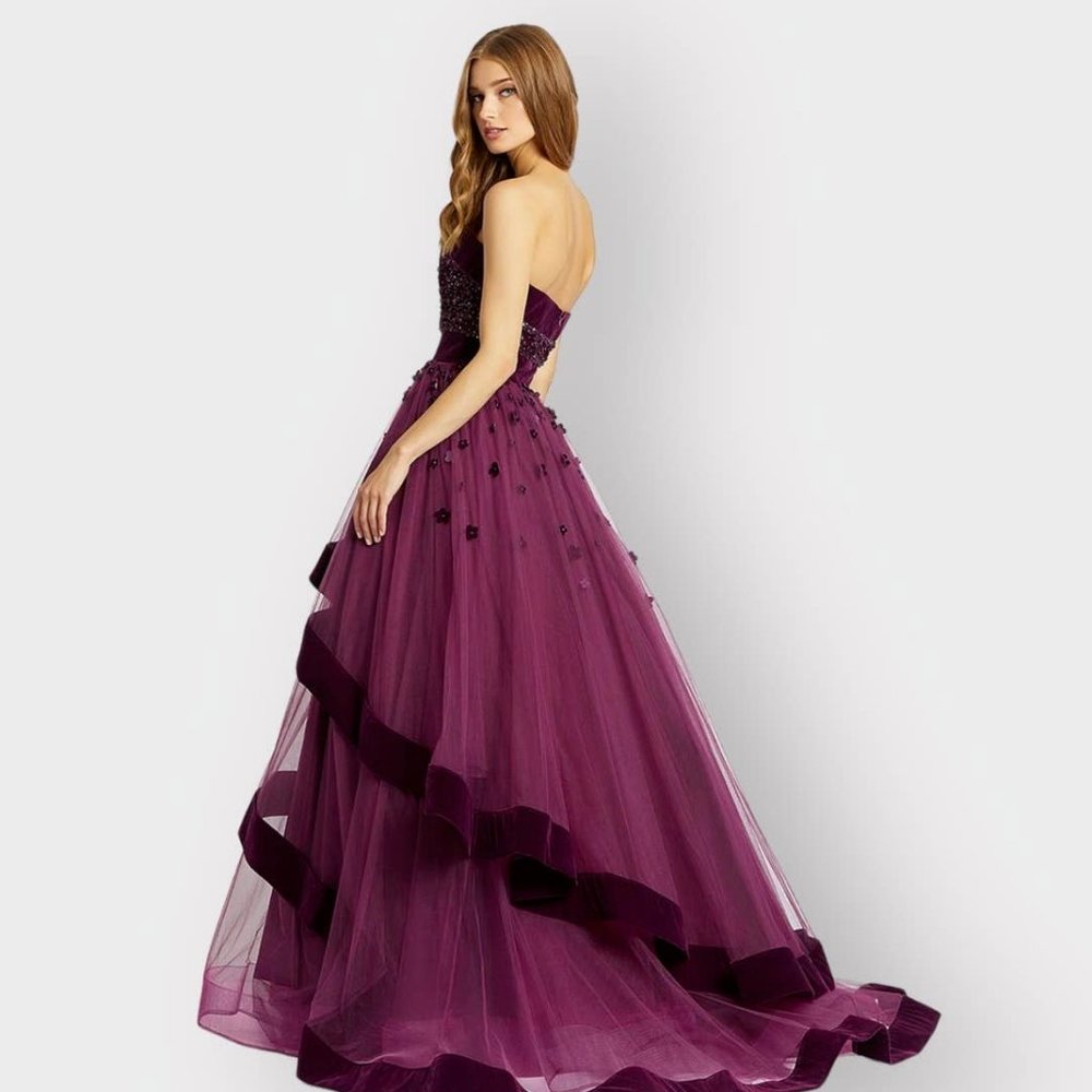 UNWORN. Mac Duggal Plum Bustier Velvet Ballgown